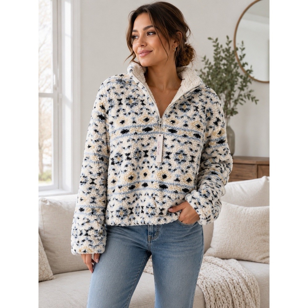 Love Tree Sherpa Pullover Small Blue Ivory Quarter Zip Fleece Cozy Soft NWT